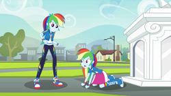 Size: 3840x2160 | Tagged: safe, artist:octosquish7260, imported from derpibooru, rainbow dash, human, equestria girls, equestria girls series, arms, boots, building, bush, canterlot high, clothes, collar, converse, double rainbow, female, gasp, geode of super speed, grass, hand, hoodie, house, humans doing horse things, jacket, lamppost, leggings, legs, long hair, looking at each other, looking at someone, looking down, looking up, magical geodes, mountain, open mouth, pants, pony to human, portal, portal to equestria, rainbow socks, self paradox, shirt, shoes, skirt, sneakers, socks, standing, statue, striped socks, t-shirt, teenager, teeth, tree, wristband