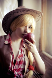 Size: 600x900 | Tagged: safe, artist:chiffafoxy, imported from derpibooru, applejack, human, apple, clothes, cosplay, costume, food, irl, irl human, photo, solo