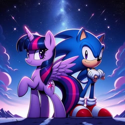 Size: 1024x1024 | Tagged: safe, imported from derpibooru, twilight sparkle, alicorn, hedgehog, pony, ai content, ai generated, cloud, crossed arms, crossover, duo, duo male and female, female, generator:bing image creator, generator:dall-e 3, male, mare, night, night sky, outdoors, prompter:meshari7, sky, sonic the hedgehog, sonic the hedgehog (series), stars, twilight sparkle (alicorn), wrong eye color