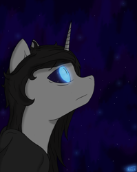 Size: 859x1080 | Tagged: safe, artist:anix_space, imported from derpibooru, oc, oc:anix, alicorn, alicorn oc, bust, glowing, glowing eyes, horn, portrait, sky, stars, wings