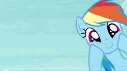 Size: 1200x675 | Tagged: safe, imported from derpibooru, screencap, rainbow dash, pegasus, rarity investigates, cute, dashabetes, female, mare, sky, smiling, solo