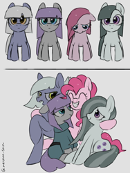 Size: 3072x4096 | Tagged: safe, artist:metaruscarlet, imported from derpibooru, limestone pie, marble pie, maud pie, pinkie pie, earth pony, pony, clothes, cutie mark, female, filly, filly limestone pie, filly marble pie, filly maud pie, filly pinkie pie, foal, gray background, looking at someone, looking at you, looking down, open mouth, pie sisters, sad, siblings, simple background, sisters, smiling, younger