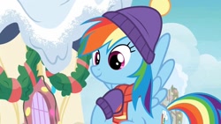 Size: 1200x675 | Tagged: safe, imported from derpibooru, screencap, rainbow dash, pegasus, pony, best gift ever, candle, clothes, cute, dashabetes, female, flying, hat, mare, scarf, smiling, solo, winter outfit