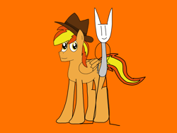 Size: 2224x1668 | Tagged: safe, artist:robertleyvaiii, imported from derpibooru, oc, oc only, oc:chuk, oc:firey ratchet, pegasus, fedora, hat, male, orange background, simple background