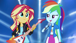 Size: 1147x645 | Tagged: safe, artist:richardchibbard, imported from derpibooru, rainbow dash, sunset shimmer, human, equestria girls, female, guitar, microphone, musical instrument