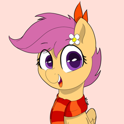 Size: 1378x1378 | Tagged: safe, artist:riverdawn404, imported from derpibooru, scootaloo, pegasus, pony, clothes, female, pink background, red background, scarf, simple background, solo, striped scarf