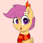 Size: 1378x1378 | Tagged: safe, artist:riverdawn404, imported from derpibooru, scootaloo, pegasus, pony, clothes, female, pink background, red background, scarf, simple background, solo, striped scarf