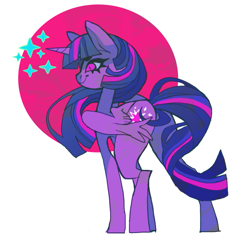 Size: 797x765 | Tagged: safe, artist:cutesykill, imported from derpibooru, twilight sparkle, alicorn, pony, alternate eye color, beanbrows, big ears, concave belly, eyebrows, female, horn, long legs, long neck, mare, multicolored mane, multicolored tail, no catchlights, passepartout, pink eyes, profile, purple coat, shrunken pupils, simple background, slender, smiling, solo, sparkles, standing, straight mane, straight tail, tail, thin, thin legs, twilight sparkle (alicorn), unicorn horn, white background