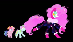 Size: 1337x771 | Tagged: safe, artist:partyponypower, imported from derpibooru, coconut cream, pinkie pie, toola roola, earth pony, pony, black background, blue coat, blue eyes, blue sclera, clown makeup, clown outfit, colored eyelashes, colored sclera, colored teeth, confetti, confetti in mane, confetti in tail, curly mane, curly tail, eternal night au (janegumball), evil grin, female, filly, floppy ears, foal, frown, grin, lineless, long mane, long tail, looking at someone, looking back, looking up, mare, multicolored mane, multicolored tail, nightmare pinkie, nightmarified, no catchlights, pink coat, pink mane, pink tail, ponytail, profile, raised hoof, raised leg, shrunken pupils, simple background, slasher smile, smiling, tail, tied mane, tied tail, trio, two toned mane, two toned tail, walking, yellow eyes