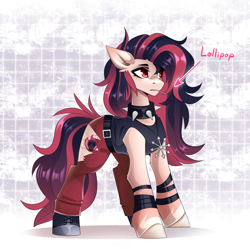 Size: 2283x2277 | Tagged: safe, artist:buvanybu, imported from derpibooru, oc, oc only, oc:melody heartburn, amulet, belt, candy, chaos star, clothes, collar, female, food, goth, jewelry, lollipop, not a cigarette, pants, ripped pants, solo, solo female, spiked collar, torn clothes