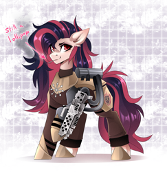 Size: 2240x2307 | Tagged: safe, artist:buvanybu, imported from derpibooru, oc, oc only, oc:melody heartburn, earth pony, armor, candy, chaos star, earth pony oc, ergonomics, female, flamethrower, food, fuel tank, lollipop, not a cigarette, soldier, solo, solo female, weapon