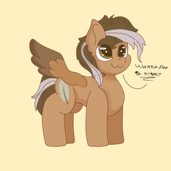 Size: 2048x2048 | Tagged: safe, artist:zugatti, imported from derpibooru, oc, oc only, oc:zugatti, pegasus, :3, adorable face, brown coat, brown eyes, brown hair, brown mane, brown tail, chubby, colored wings, concave belly, cute, cutie mark, innocent, shading, simple background, simple shading, solo, speech, spread wings, tail, talking, two toned mane, two toned tail, two toned wings, wings, yellow background