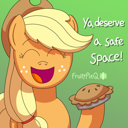 Size: 1000x1000 | Tagged: safe, artist:fruiitypieq, imported from derpibooru, applejack, earth pony, apple, apple pie, eyes closed, female, food, gradient background, happy, patterned background, pie, smiling, solo