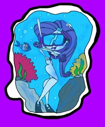 Size: 2404x2924 | Tagged: safe, artist:bludinimax, imported from derpibooru, rarity, fish, human, equestria girls, bikini, bikini bottom, bikini top, bra, bubble, clothes, coral, female, flowing mane, ocean, seaweed, snorkel, snorkeling, swimming, swimsuit, underwater, underwear, water