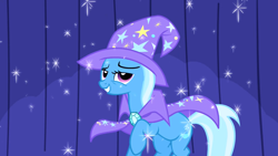 Size: 1280x720 | Tagged: safe, imported from derpibooru, screencap, trixie, pony, unicorn, boast busters, cape, clothes, female, hat, horn, mare, solo, trixie's cape, trixie's hat