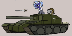 Size: 553x279 | Tagged: safe, artist:alexi148, imported from derpibooru, oc, oc only, oc:hind, earth pony, pony, unicorn, foxhole(game), horn, magic, sword, tank (vehicle), telekinesis, weapon