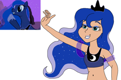 Size: 1148x759 | Tagged: safe, artist:ocean lover, imported from derpibooru, princess luna, human, luna eclipsed, season 2, bare midriff, bare shoulders, beautiful, belly button, blue eyeshadow, blue hair, blue lipstick, clothes, crown, curvy, cute, ethereal hair, exposed belly, eyeshadow, hand up, hourglass figure, human coloration, humanized, jewelry, lidded eyes, lipstick, makeup, midriff, moderate dark skin, ms paint, night, peytral, pretty, princess of the night, reference, regalia, scene interpretation, simple background, sleeveless, smiling, starry hair, stupid sexy princess luna, teal eyes, the fun has been doubled, transparent background, wavy hair, white background