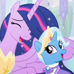 Size: 1280x1280 | Tagged: safe, edit, edited screencap, imported from derpibooru, screencap, trixie, twilight sparkle, alicorn, pony, unicorn, the last problem, accessory theft, crown, eyes closed, horn, jewelry, older, older trixie, older twilight, older twilight sparkle (alicorn), open mouth, open smile, princess twilight 2.0, regalia, smiling, twilight sparkle (alicorn)