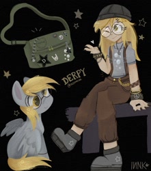 Size: 1200x1356 | Tagged: safe, artist:inzomniak, imported from derpibooru, derpy hooves, human, pegasus, pony, abstract background, alternate design, bag, beanie, clothes, cutie mark, cutie mark on clothes, female, floating heart, freckles, glasses, handbag, hat, heart, human ponidox, humanized, meganekko, one eye closed, overalls, round glasses, self paradox, self ponidox, solo, spiked wristband, stars, wristband