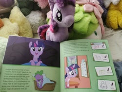 Size: 2048x1536 | Tagged: safe, imported from derpibooru, spike, twilight sparkle, pony, unicorn, bed, book, clothes, dutch, golden oaks library, horn, irl, photo, scarf, striped scarf, unicorn twilight