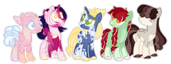 Size: 2470x930 | Tagged: safe, artist:ratunknown, imported from derpibooru, oc, oc only, oc:applebite, oc:cotton clouds, oc:everlasting dawn, oc:moonlit twinkle, oc:vanilla bean, hybrid, pony, base used, body freckles, coat markings, colored pupils, female, freckles, hidden eyes, interspecies offspring, magical gay spawn, magical lesbian spawn, magical threesome spawn, mare, multiple parents, offspring, parent:applejack, parent:big macintosh, parent:fluttershy, parent:party favor, parent:princess skystar, parent:starlight glimmer, parent:sugar belle, parent:sunset shimmer, parent:trixie, parent:twilight sparkle, parents:fluttermac, parents:mudsandwich, parents:tripplejack, parents:twishimmerglimmer, simple background, small wings, transparent background, unshorn fetlocks, wings