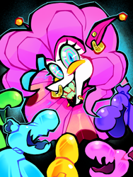 Size: 3000x4000 | Tagged: safe, artist:st_moloch, imported from derpibooru, pinkie pie, earth pony, pony, black background, clown makeup, clown outfit, colored eyelashes, colored sclera, colored teeth, confetti, confetti in mane, curly mane, eternal night au (janegumball), evil grin, female, grin, long mane, long tail, mare, nightmare pinkie, nightmarified, simple background, slasher smile, smiling, swirly eyes, tail