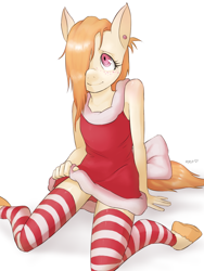 Size: 1050x1400 | Tagged: safe, artist:the-rasp-b, imported from derpibooru, oc, oc only, anthro, anthro oc, clothes, ear piercing, female, freckles, hair over one eye, piercing, signature, simple background, socks, solo, solo female, stockings, striped socks, thigh highs, white background