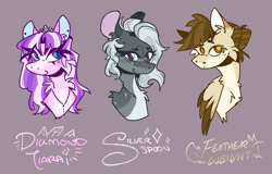 Size: 1280x818 | Tagged: safe, artist:kinda-lost, imported from derpibooru, diamond tiara, featherweight, silver spoon, earth pony, pegasus, pony, bust, cheek fluff, chest fluff, female, looking at you, male, mare, name, older, older diamond tiara, older featherweight, older silver spoon, purple background, simple background, smiling, smiling at you, stallion