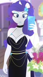 Size: 2304x4096 | Tagged: safe, artist:gelians, imported from derpibooru, rarity, anthro, unicorn, breasts, busty rarity, cellphone, cleavage, clothes, dress, female, fishtail dress meme, high res, horn, meme, phone, selfie, smartphone, solo