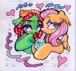 Size: 1609x1495 | Tagged: safe, artist:larvaecandy, imported from derpibooru, fluttershy, tree hugger, earth pony, pegasus, pony, abstract background, big eyes, bong, bonnet, bubble, chest fluff, colored eyebrows, colored underhoof, doodle, dreadlocks, drug use, drugs, duo, duo female, ear fluff, eyeshadow, female, fire, floating heart, floppy ears, flutterhigh, flutterhugger, green coat, heart, high, holding, hoof hold, lesbian, lidded eyes, lined paper, long mane, makeup, mare, marijuana, marker drawing, narrowed eyes, pen drawing, pink mane, purple eyes, raised hoof, red mane, shiny mane, shipping, smoking, teal eyes, thick eyelashes, traditional art, two toned eyes, wingding eyes, yellow coat