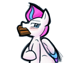 Size: 1049x883 | Tagged: safe, artist:zutcha, imported from derpibooru, zipp storm, pegasus, pony, blushing, bust, chocolate, chocolate bar, eating, female, food, full mouth, g5, looking at you, mare, mouth hold, simple background, solo, that pony sure does love chocolate, white background