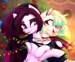 Size: 2428x2000 | Tagged: safe, artist:sparkling_light, imported from derpibooru, oc, bat pony, pony, unicorn, christmas, christmas tree, duo, garland, holiday, horn, open mouth, tree