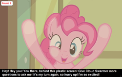 Size: 1920x1204 | Tagged: safe, edit, edited screencap, imported from derpibooru, screencap, pinkie pie, earth pony, pony, comic:celestia's servant interview, baby cakes, season 2, against glass, breaking the fourth wall, caption, cs captions, female, glass, image macro, interview, mare, pinkie being pinkie, solo, talking to viewer, text, underhoof