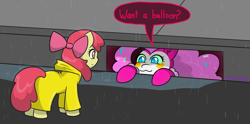Size: 3921x1940 | Tagged: safe, artist:hayley566, imported from derpibooru, apple bloom, pinkie pie, earth pony, pony, alternate timeline, clown, eternal night au (janegumball), female, filly, foal, it, mare, nightmare pinkie, nightmare takeover timeline, nightmarified, pennywise, pinkiewise, rain, raincoat, sewer, speech bubble, storm drain, street, this will end in death