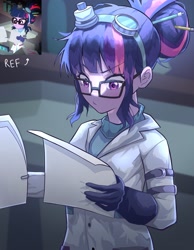 Size: 3186x4096 | Tagged: safe, artist:gunim8ed, imported from derpibooru, sci-twi, twilight sparkle, human, eqg summertime shorts, equestria girls, mad twience, clothes, glasses, gloves, goggles, goggles on head, lab coat, paper, pencil, scene interpretation, screencap reference