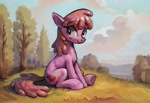 Size: 1058x724 | Tagged: safe, artist:yidwags, imported from derpibooru, berry punch, berryshine, earth pony, pony, autumn, female, forest, hill, looking sideways, mare, nature, sitting, smiling, solo, tree