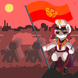 Size: 400x400 | Tagged: safe, artist:vohd, imported from derpibooru, oc, oc only, oc:red rocket, pony, unicorn, equestria at war mod, animated, army, flag, gif, hat, horn, looking at you, pixel art, propaganda, red sky, slogan, solar empire, sun, tank (vehicle), text, weapon