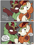 Size: 2100x2821 | Tagged: safe, artist:icey, imported from derpibooru, autumn blaze, cinder glow, summer flare, kirin, 2 panel comic, :<, awwtumn blaze, cinderbetes, comic, confused, cute, descriptive noise, dialogue, duo, duo female, female, gesture, speech bubble, thought bubble, x x everywhere