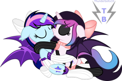 Size: 976x653 | Tagged: safe, artist:thunderboltx33, oc, oc only, pony, clothes, female, kissing, mare, socks