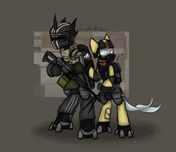 Size: 4144x3575 | Tagged: safe, artist:ashel_aras, imported from derpibooru, oc, oc only, oc:ashel, changeling, merpony, armor, changeling oc, cyrillic, duo, russian, text, weapon