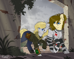 Size: 5600x4500 | Tagged: safe, artist:reins, imported from derpibooru, oc, oc:dusty heartwood, oc:heartline, earth pony, pony, fallout equestria, alternate hairstyle, apocalypse, armor, armored pony, blonde, blonde mane, blonde tail, blue eyes, brown mane, ear piercing, earring, earth pony oc, facial scar, fallout equestria oc, female, gray coat, hair bun, jewelry, medic, piercing, pipbuck, red cross, ruins, scar, sibling bonding, siblings, sisters, stable (vault), tail, tan coat