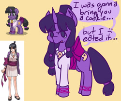 Size: 2048x1707 | Tagged: safe, artist:mimzyymay, imported from twibooru, human, pony, unicorn, pony town, ace attorney, black hair, black mane, crossover, hair bun, image, magatama, maya fey, needs more jpeg, ponified, purple coat, reference, teary eyes