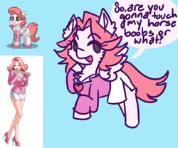 Size: 2048x1707 | Tagged: safe, artist:mimzyymay, imported from twibooru, human, pegasus, pony, pony town, ace attorney, april may, clothes, high heels, image, needs more jpeg, pink hair, pink mane, ponified, reference, shoes, skirt, solo, vest, whip, white coat