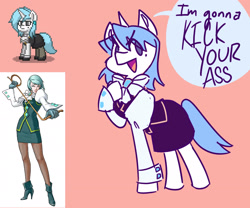 Size: 2048x1707 | Tagged: safe, artist:mimzyymay, imported from twibooru, human, pony, unicorn, pony town, ace attorney, boots, bowtie, clothes, franziska von karma, high heel boots, image, jewelry, light blue hair, light blue mane, mole, needs more jpeg, ponified, puffy sleeves, reference, shoes, skirt, solo, vest, whip, white coat