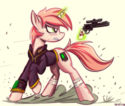 Size: 2300x1950 | Tagged: safe, artist:weiling, imported from derpibooru, oc, oc only, oc:littlepip, pony, unicorn, fallout equestria, clothes, fanfic art, female, glowing, glowing horn, gun, handgun, horn, jumpsuit, little macintosh, mare, pistol, revolver, simple background, solo, vault suit, weapon