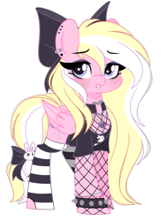 Size: 1394x1840 | Tagged: safe, artist:emberslament, imported from derpibooru, oc, oc only, oc:bay breeze, pegasus, pony, blushing, bow, bracelet, choker, clothes, cute, ear piercing, eyebrow piercing, eyeliner, eyeshadow, female, fishnet clothing, fishnets, goth, hair bow, heart, heart eyes, jewelry, lip piercing, long mane, makeup, mare, necklace, pegasus oc, piercing, shirt, snake bites, socks, stockings, striped socks, tail, tail wrap, thigh highs, wingding eyes, wings