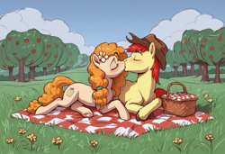 Size: 1824x1248 | Tagged: safe, imported from derpibooru, bright mac, pear butter, earth pony, pony, ai content, ai generated, apple, apple tree, basket, blushing, brightbutter, cloud, cowboy hat, duo, duo male and female, eyes closed, female, flower, flower in hair, food, generator:autismmix pony, generator:stable diffusion, grass, grass field, hat, kiss on the lips, kissing, lying down, male, mare, outdoors, picnic basket, picnic blanket, prompter:tyto4tme4l, prone, shipping, sky, stallion, stetson, straight, sweet apple acres, tree, unshorn fetlocks