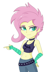 Size: 1420x2083 | Tagged: safe, artist:ravenwolf-bases, imported from derpibooru, fluttershy, equestria girls, equestria girls series, the road less scheduled, the road less scheduled: fluttershy, spoiler:eqg series (season 2), alternate hairstyle, bare shoulders, belly button, belt, breasts, choker, clothes, denim, eyeshadow, female, fingerless gloves, flutterpunk, gloves, jeans, makeup, midriff, pants, punk, simple background, solo, spiked choker, striped gloves, tanktop, transparent background