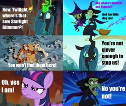 Size: 1041x879 | Tagged: safe, edit, edited screencap, editor:incredibubbleirishguy, imported from derpibooru, screencap, queen chrysalis, twilight sparkle, alicorn, bear, big cat, changeling, changeling queen, donkey, pig, pony, rabbit, tiger, frenemies (episode), to where and back again, twilight's kingdom, alliteration, angry, animal, caption, comic, confrontation, crossover, dorothy and the wizard of oz, female, former queen chrysalis, hat, image macro, implied starlight glimmer, male, mare, meme, parody, piglet, pooh, quote, rabbit (winnie the pooh), reference, reference in the description, reference used, scared, scene parody, screencap comic, text, the wizard of oz, thomas and friends, thomas and the magic railroad, thomas the tank engine, tigger, twilight sparkle (alicorn), wall of tags, wicked witch of the west, wilhelmina witch, winnie the pooh, witch, witch hat