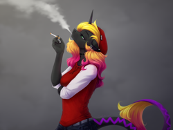 Size: 2656x2000 | Tagged: safe, artist:sparkling_light, imported from derpibooru, oc, anthro, unicorn, cigarette, horn, smoke, solo